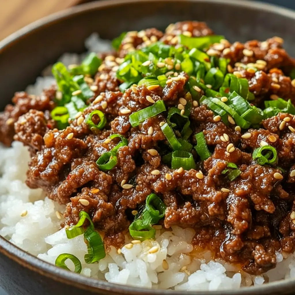Korean Ground Beef Bowl — close-up of a bowl with seasoned ground beef, a runny fried egg, sliced cucumber, sesame seeds, and scallions; a simple Asian Beef Bowl ready to eat.