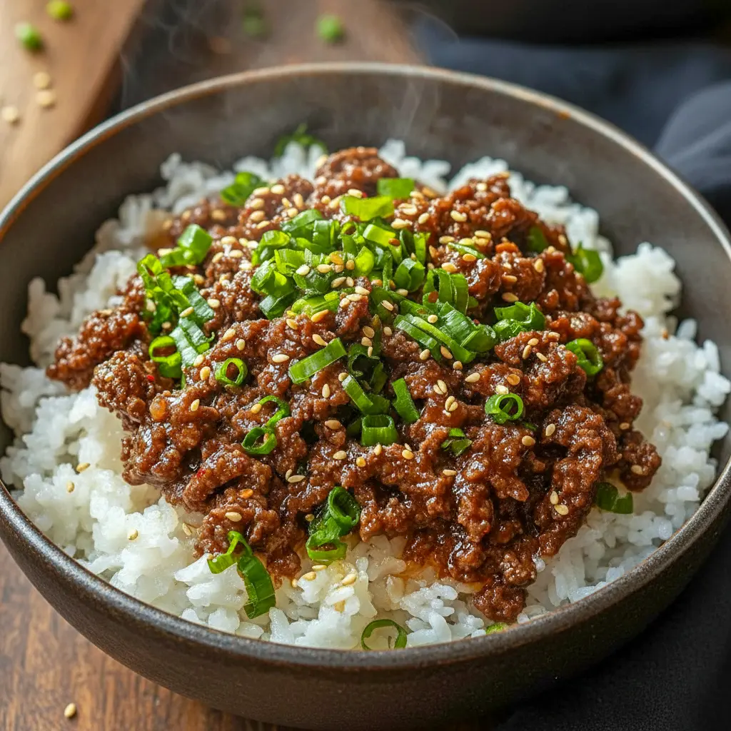 Korean Ground Beef Bowl — close-up of a bowl with seasoned ground beef, a runny fried egg, sliced cucumber, sesame seeds, and scallions; a simple Asian Beef Bowl ready to eat.