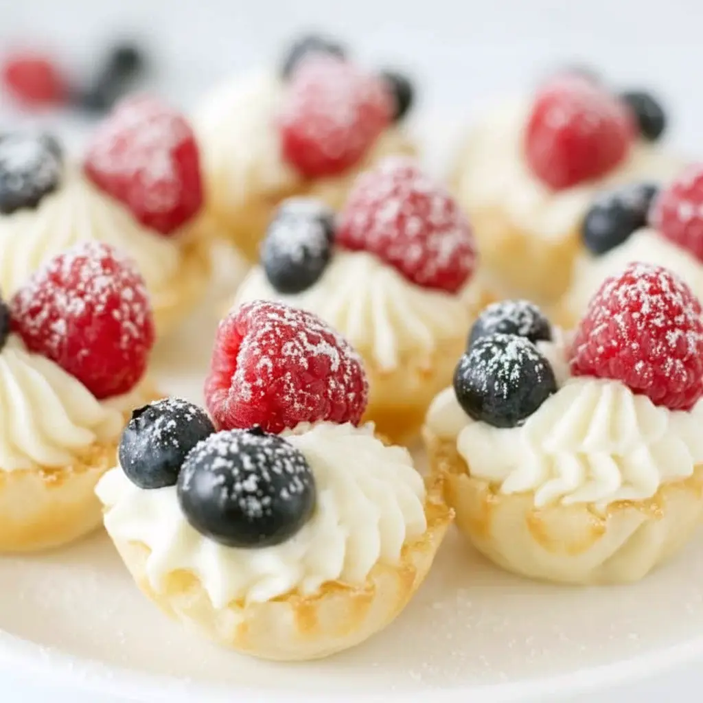 No-Bake Cheesecake Bites — close-up of mini fillo cups filled with creamy cheesecake, topped with raspberries and blueberries, arranged on a serving platter.