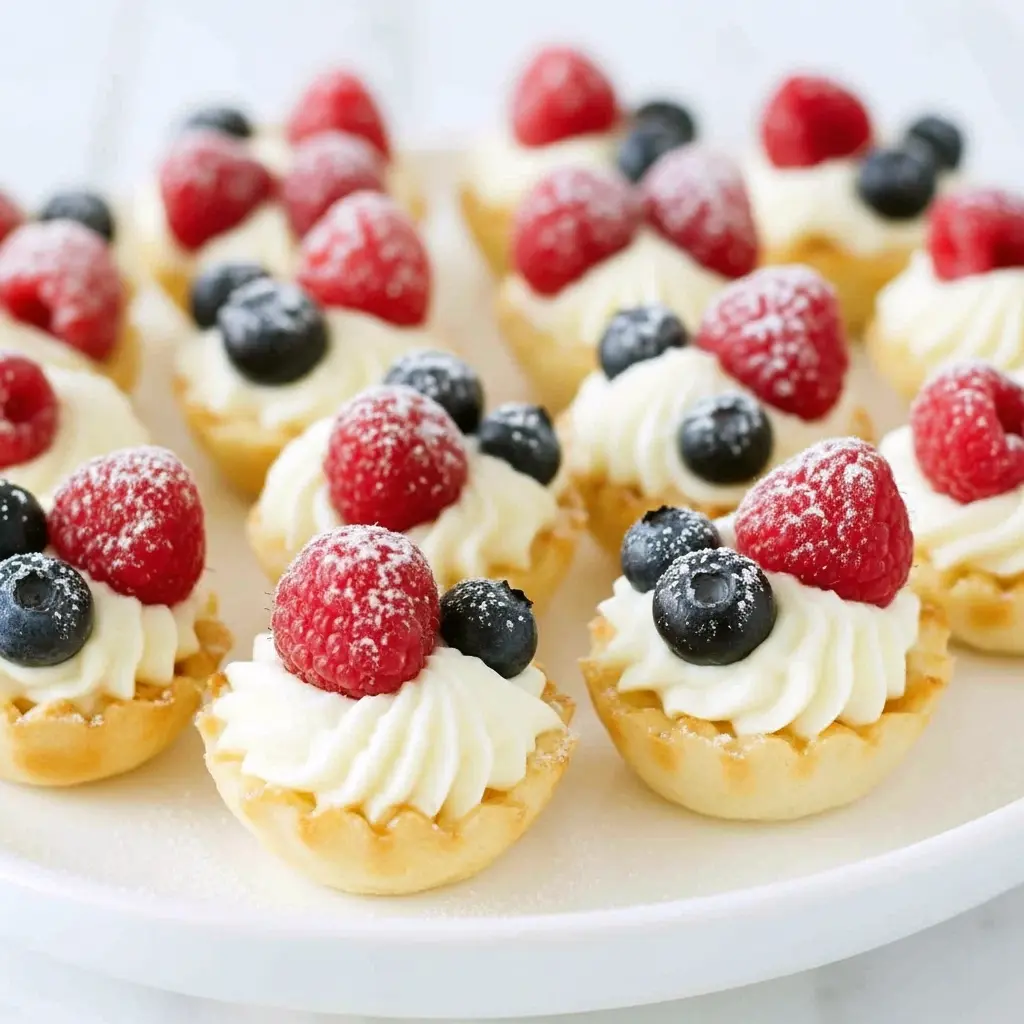 No-Bake Cheesecake Bites — close-up of mini fillo cups filled with creamy cheesecake, topped with raspberries and blueberries, arranged on a serving platter.