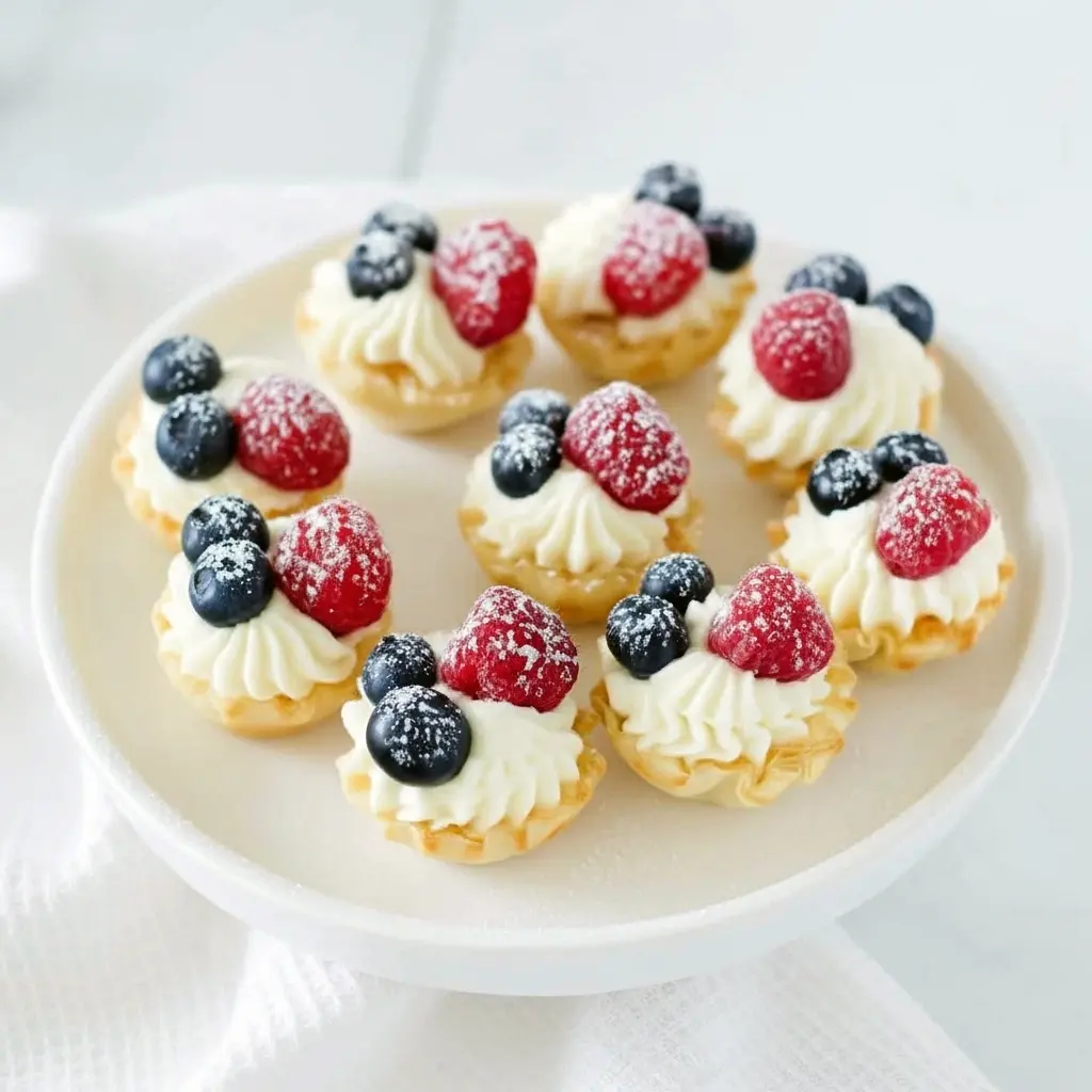 No-Bake Cheesecake Bites — close-up of mini fillo cups filled with creamy cheesecake, topped with raspberries and blueberries, arranged on a serving platter.