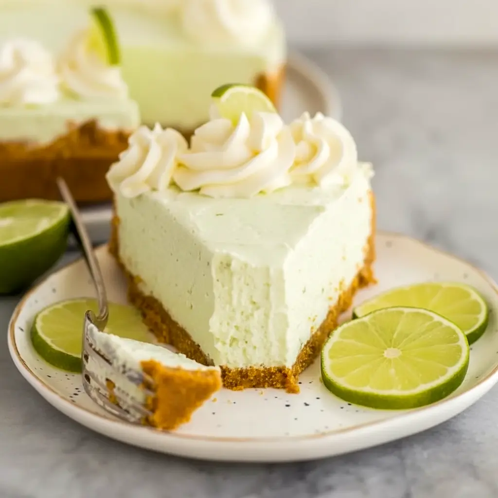 Key Lime Cheesecake slice on a white plate, topped with whipped cream and lime zest — close-up of the smooth, tangy filling.