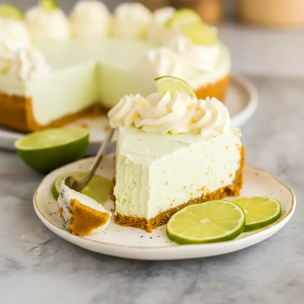 Key Lime Cheesecake slice on a white plate, topped with whipped cream and lime zest — close-up of the smooth, tangy filling.
