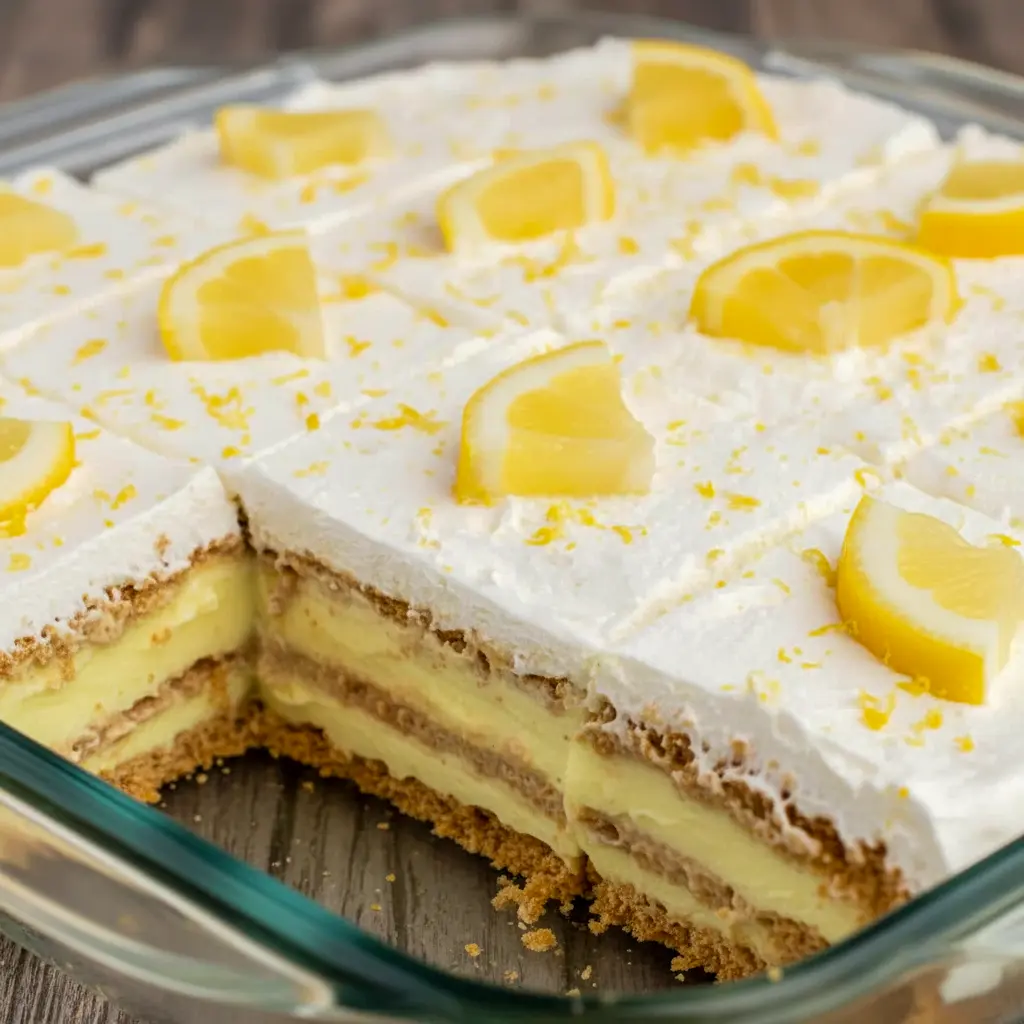 Slice of No-bake Lemon Dessert with creamy lemon pudding layers, softened graham crackers, whipped topping, and a sprinkle of lemon zest.
