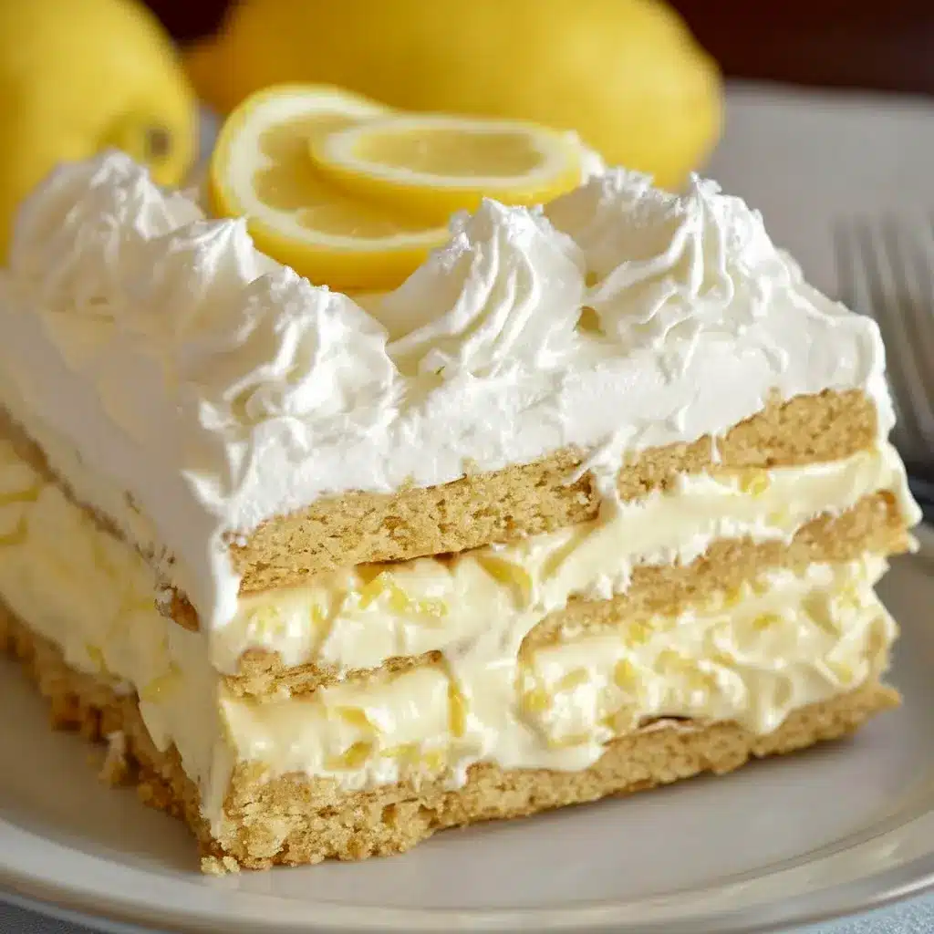 No-Bake Lemon Eclair Cake Recipe slice on a white plate, close-up of creamy lemon layers, whipped topping, and glossy frosting.