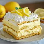 No-Bake Lemon Eclair Cake Recipe slice on a white plate, close-up of creamy lemon layers, whipped topping, and glossy frosting.