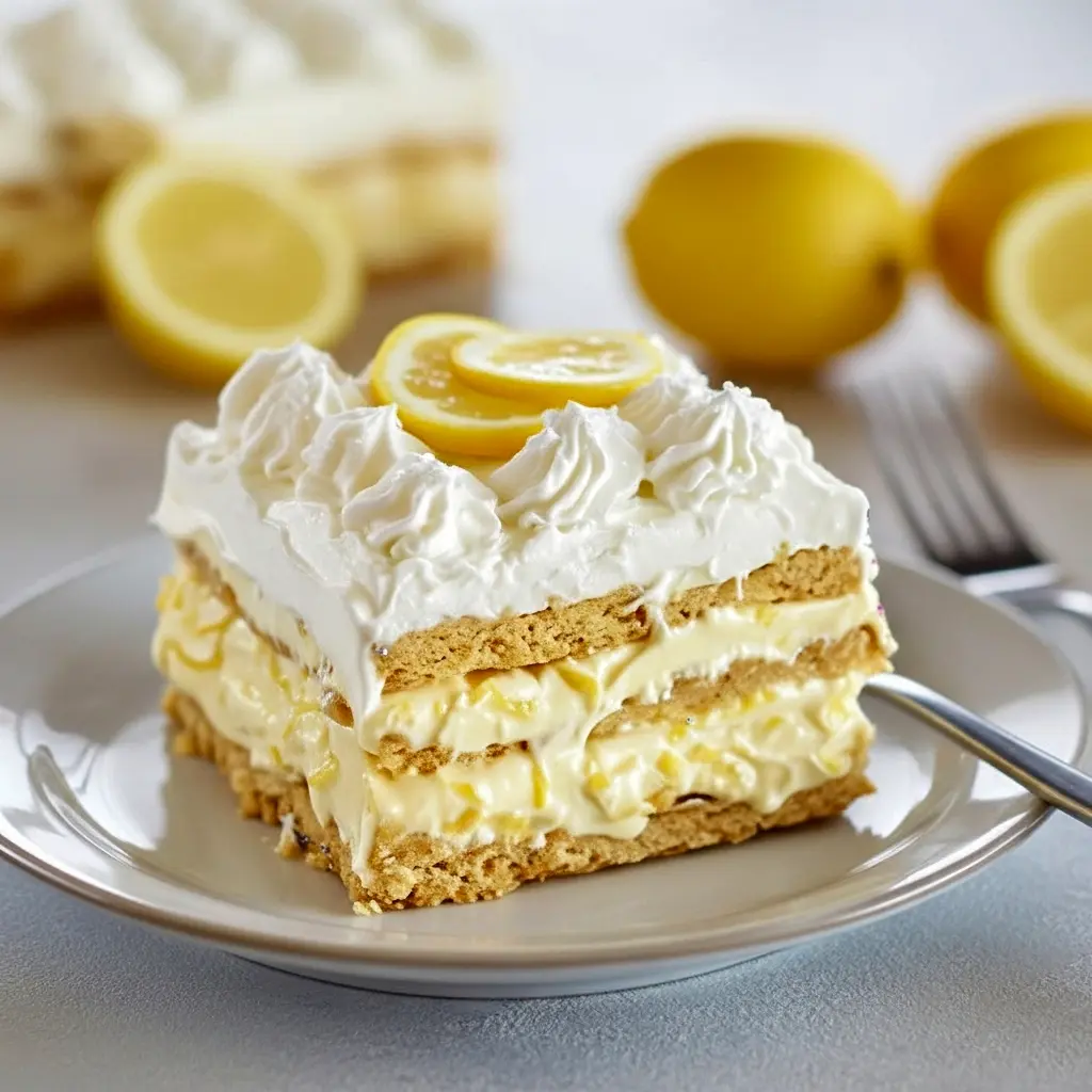 No-Bake Lemon Eclair Cake Recipe slice on a white plate, close-up of creamy lemon layers, whipped topping, and glossy frosting.