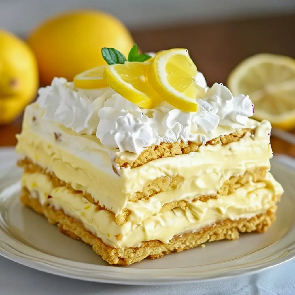 No-Bake Lemon Eclair Cake Recipe slice on a white plate, close-up of creamy lemon layers, whipped topping, and glossy frosting.