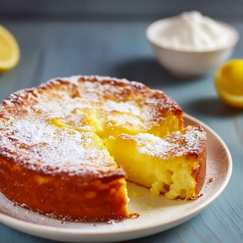 Close-up of a golden Fresh Lemon Dessert square dusted with powdered sugar, showing soft crumb and fresh lemon zest — a lovely Soft Lemon Dessert Recipe for sharing.