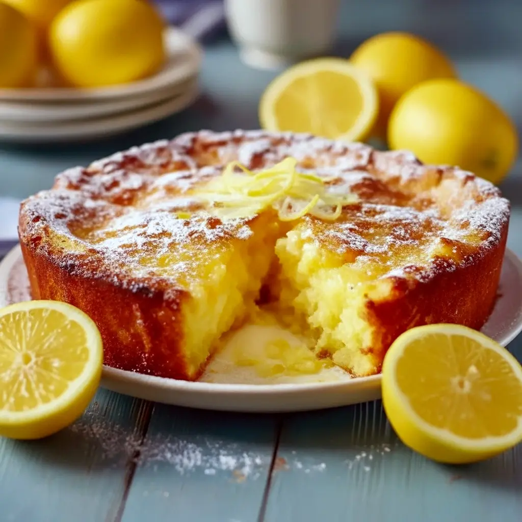Close-up of a golden Fresh Lemon Dessert square dusted with powdered sugar, showing soft crumb and fresh lemon zest — a lovely Soft Lemon Dessert Recipe for sharing.