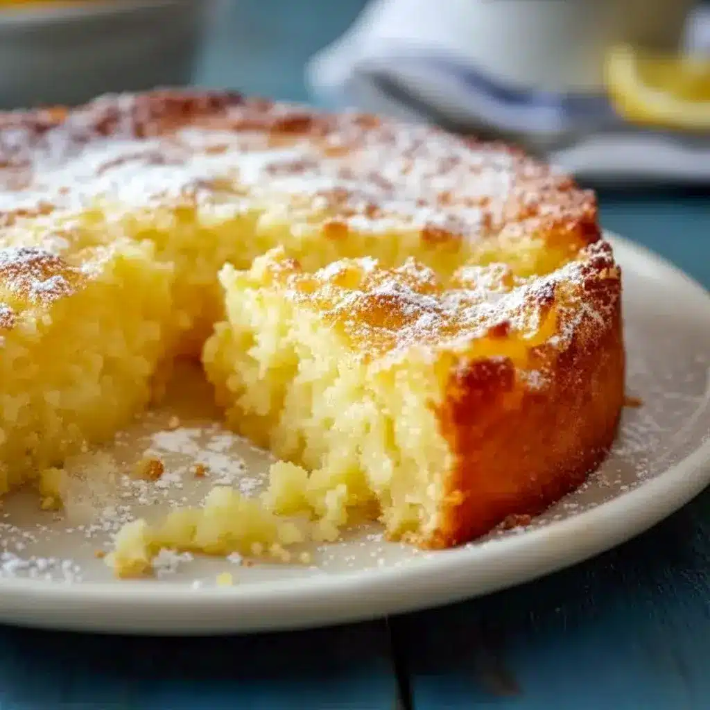Close-up of a golden Fresh Lemon Dessert square dusted with powdered sugar, showing soft crumb and fresh lemon zest — a lovely Soft Lemon Dessert Recipe for sharing.