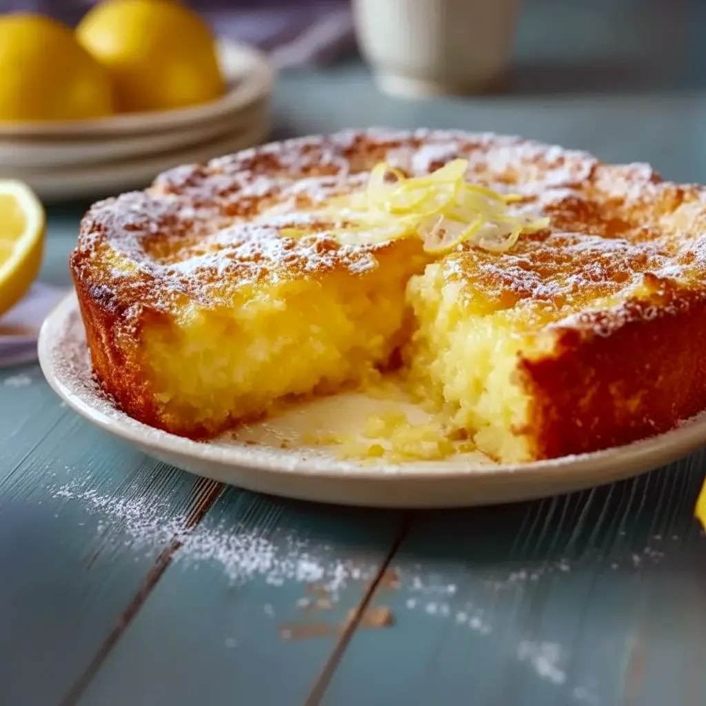 Close-up of a golden Fresh Lemon Dessert square dusted with powdered sugar, showing soft crumb and fresh lemon zest — a lovely Soft Lemon Dessert Recipe for sharing.