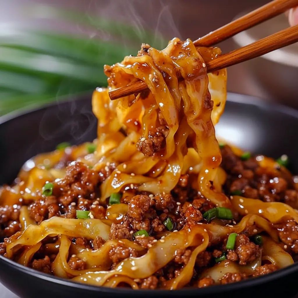 Skillet of glossy Potsticker Noodle Bowl with ground pork, wide noodles, and bright cabbage slaw, garnished with green onions—an inviting example of quick Potsticker Noodles.