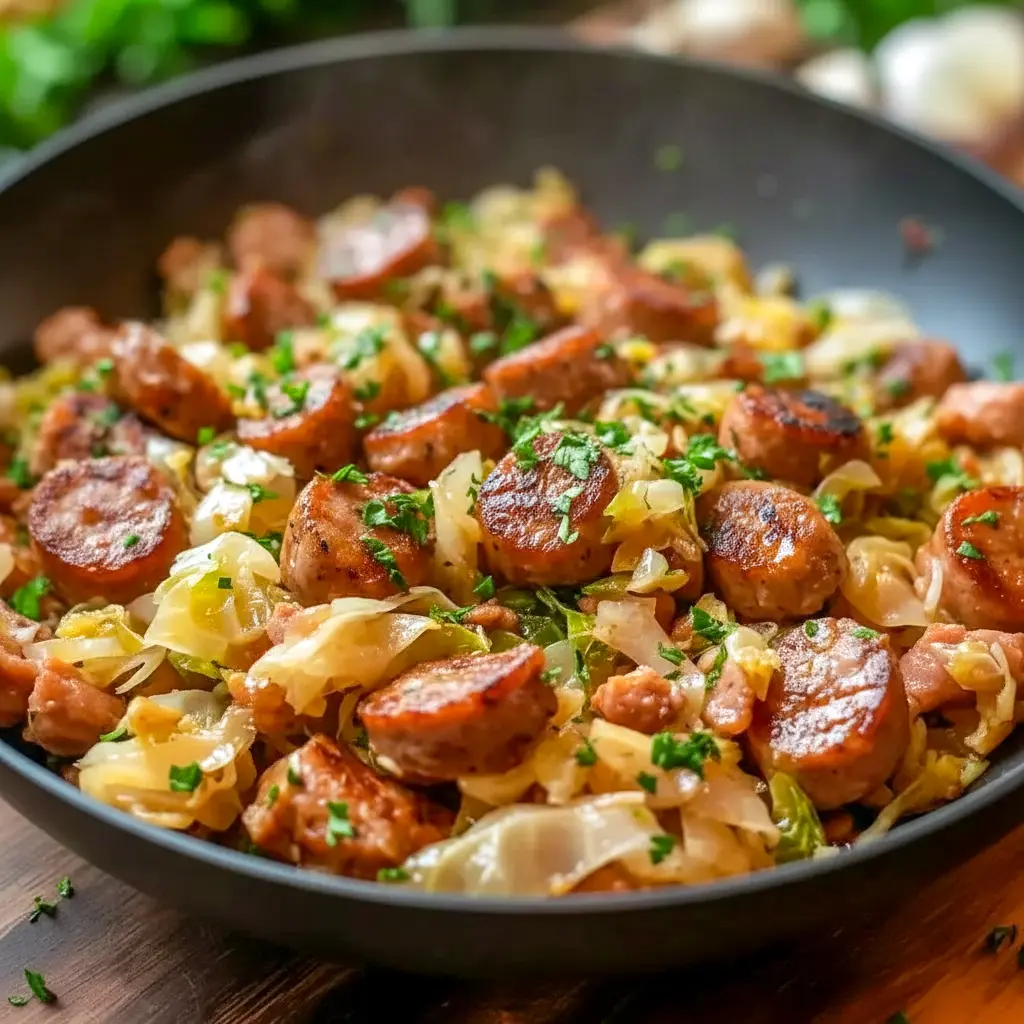 Skillet of golden Cabbage Stir Fry with browned sausage rounds, glossy savory sauce and a dusting of Paprika.