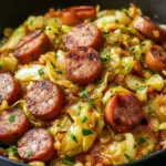 Skillet of golden Cabbage Stir Fry with browned sausage rounds, glossy savory sauce and a dusting of Paprika.