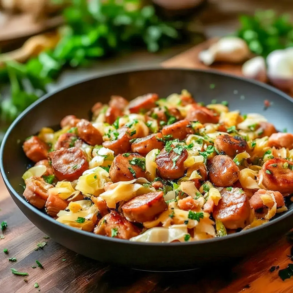 Skillet of golden Cabbage Stir Fry with browned sausage rounds, glossy savory sauce and a dusting of Paprika.