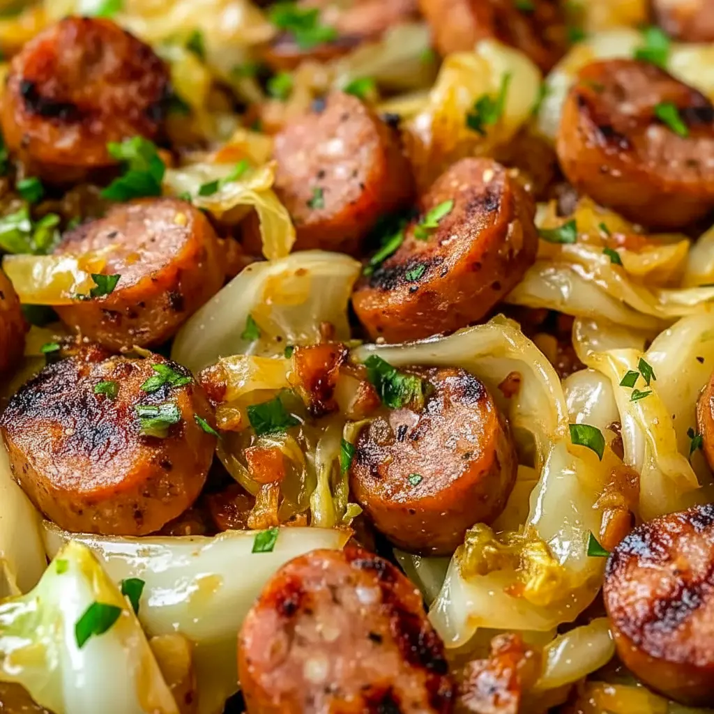 Skillet of golden Cabbage Stir Fry with browned sausage rounds, glossy savory sauce and a dusting of Paprika.