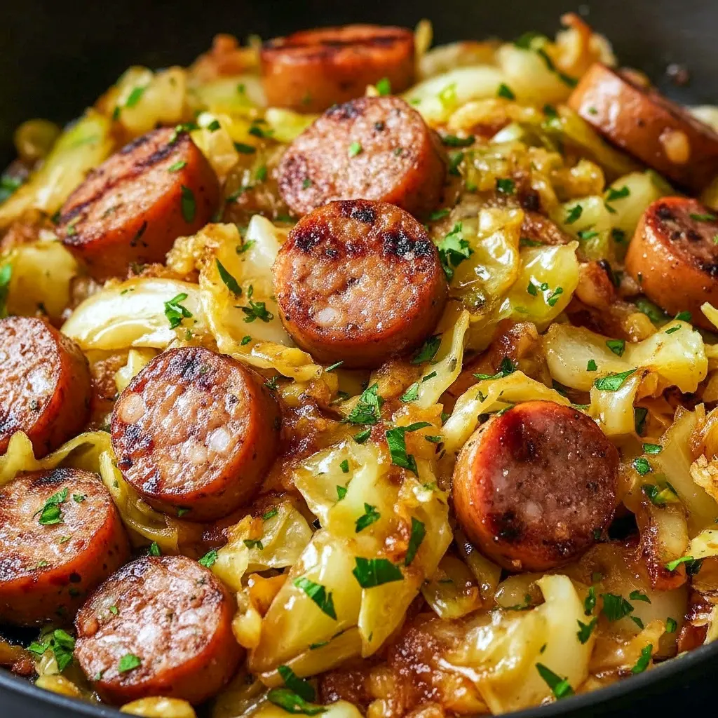 Skillet of golden Cabbage Stir Fry with browned sausage rounds, glossy savory sauce and a dusting of Paprika.