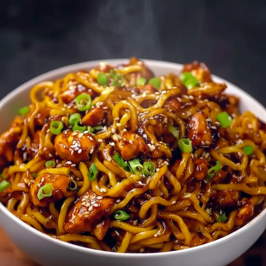 Weekday Dinners For Two close-up: glossy sticky garlic chicken noodles tossed with scallions and sesame seeds — a simple Easy Throw Together Dinners and totally Dinner Yummy plate.