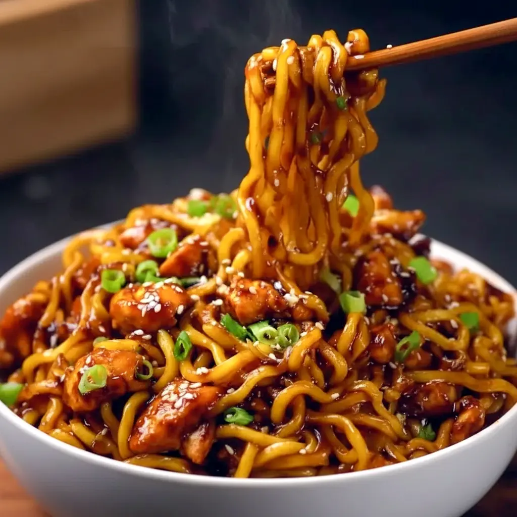 Weekday Dinners For Two close-up: glossy sticky garlic chicken noodles tossed with scallions and sesame seeds — a simple Easy Throw Together Dinners and totally Dinner Yummy plate.