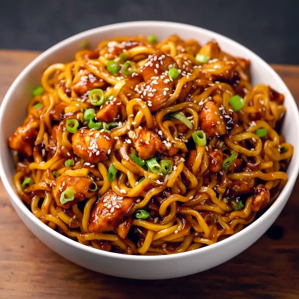 Weekday Dinners For Two close-up: glossy sticky garlic chicken noodles tossed with scallions and sesame seeds — a simple Easy Throw Together Dinners and totally Dinner Yummy plate.