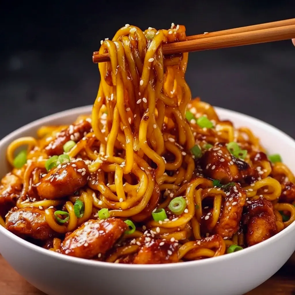 Weekday Dinners For Two close-up: glossy sticky garlic chicken noodles tossed with scallions and sesame seeds — a simple Easy Throw Together Dinners and totally Dinner Yummy plate.