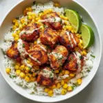 Warm bowl of rice topped with sliced, spiced chicken and creamy street-corn salad, sprinkled with cotija and cilantro — a cozy Dinner Recipes example and a smart Family Weeknight Dinner Ideas choice.