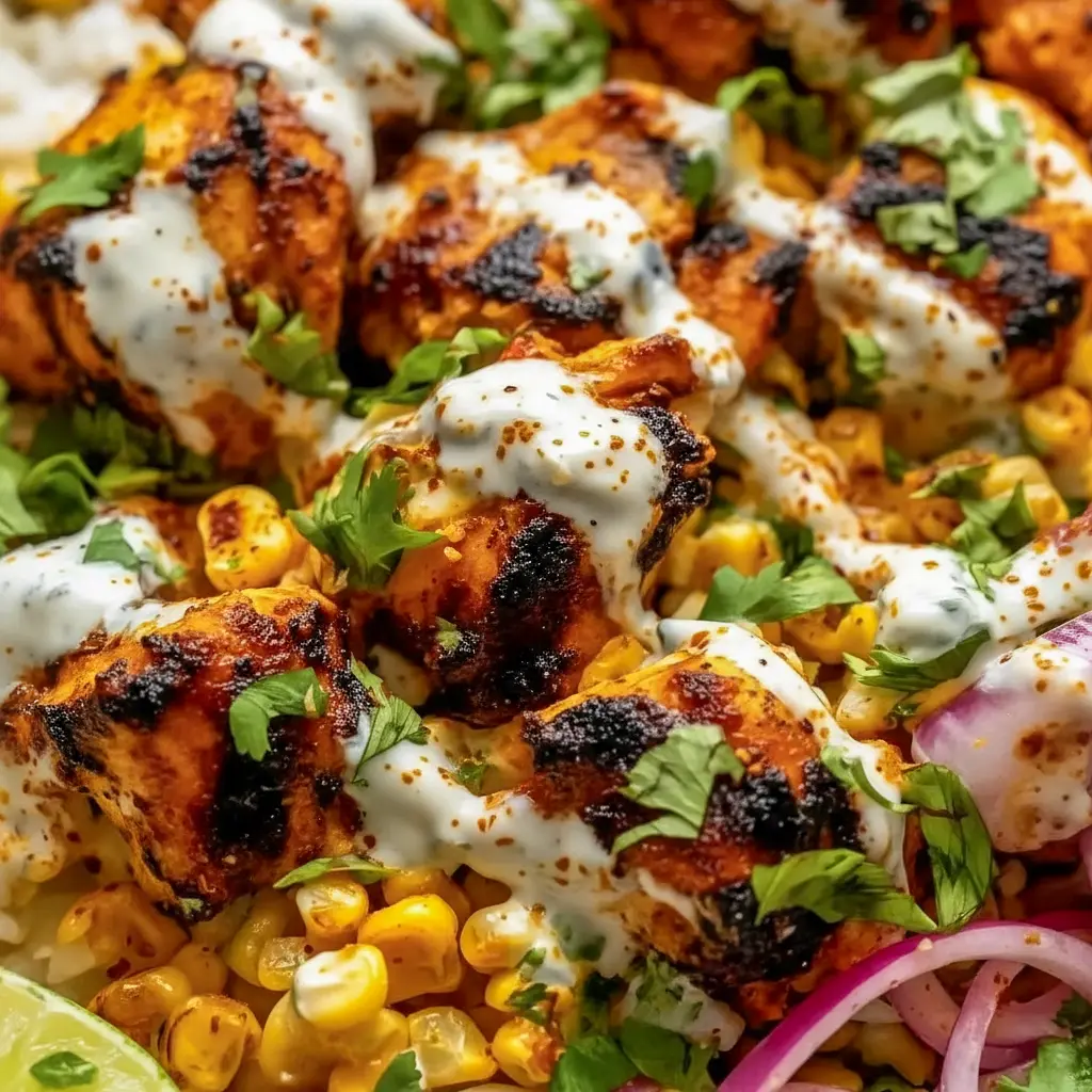 Warm bowl of rice topped with sliced, spiced chicken and creamy street-corn salad, sprinkled with cotija and cilantro — a cozy Dinner Recipes example and a smart Family Weeknight Dinner Ideas choice.