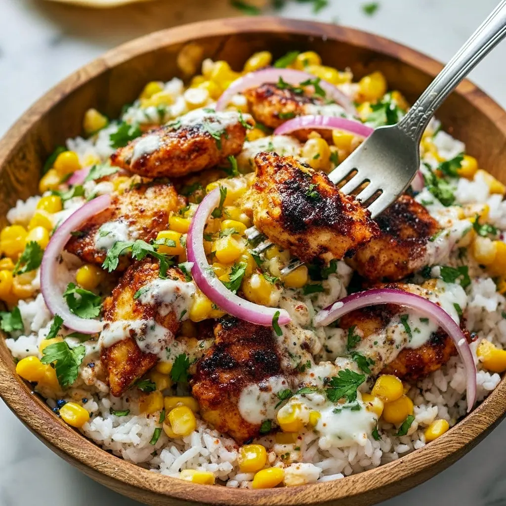 Warm bowl of rice topped with sliced, spiced chicken and creamy street-corn salad, sprinkled with cotija and cilantro — a cozy Dinner Recipes example and a smart Family Weeknight Dinner Ideas choice.