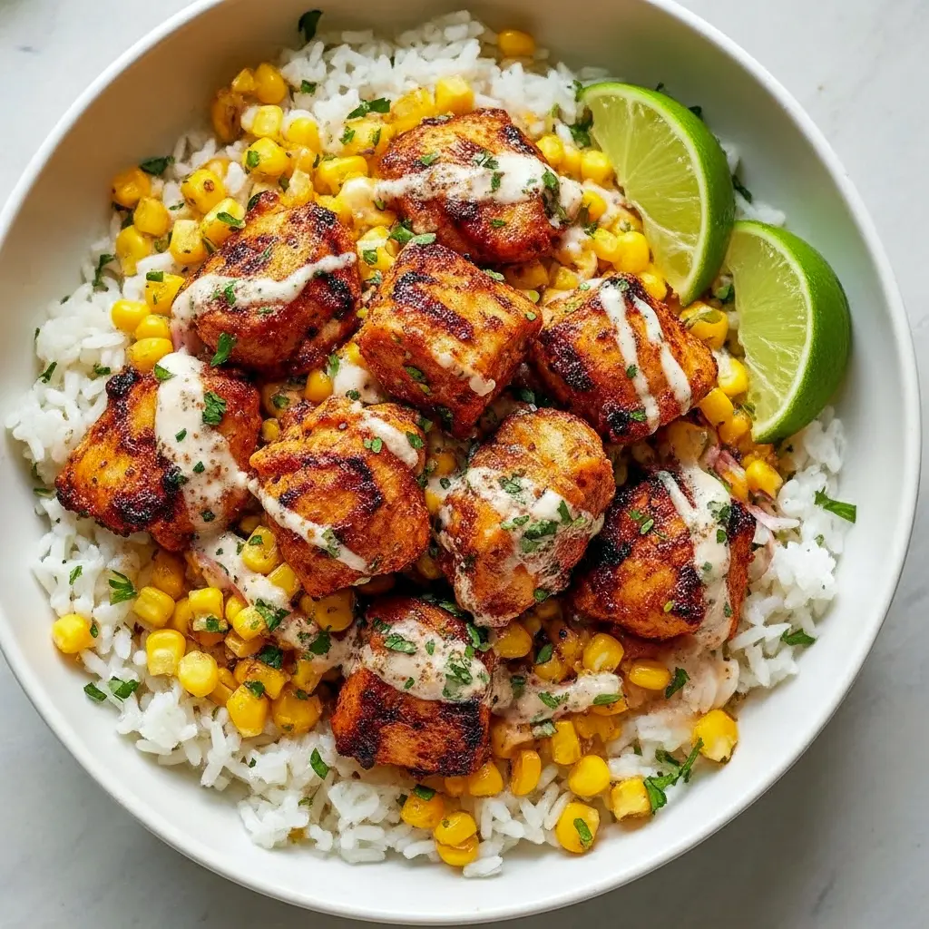 Warm bowl of rice topped with sliced, spiced chicken and creamy street-corn salad, sprinkled with cotija and cilantro — a cozy Dinner Recipes example and a smart Family Weeknight Dinner Ideas choice.