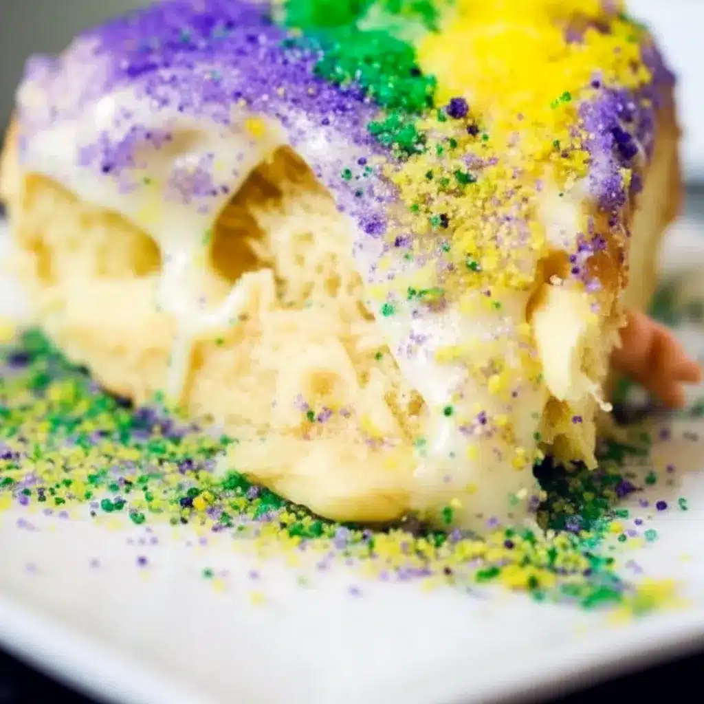 Golden braided King Cake Recipe drizzled with glaze and sprinkled in purple, green, and gold — a no-fuss Simple King Cake Recipe for Mardi Gras.