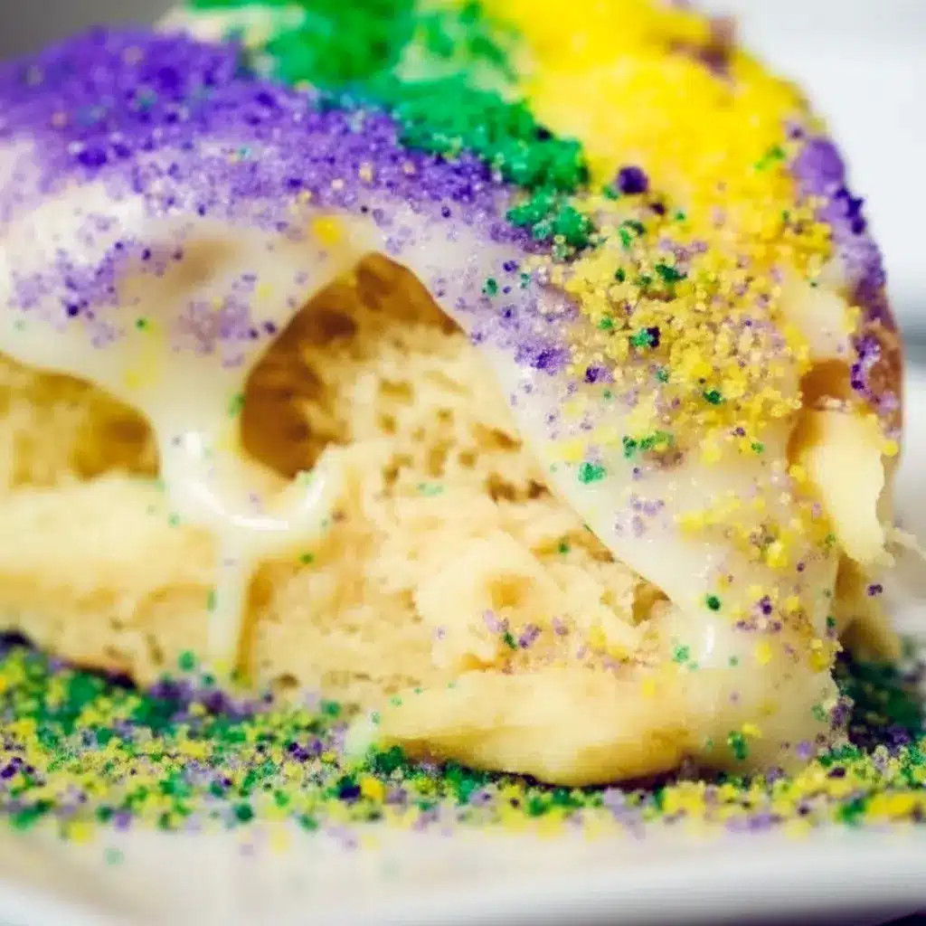 Golden braided King Cake Recipe drizzled with glaze and sprinkled in purple, green, and gold — a no-fuss Simple King Cake Recipe for Mardi Gras.