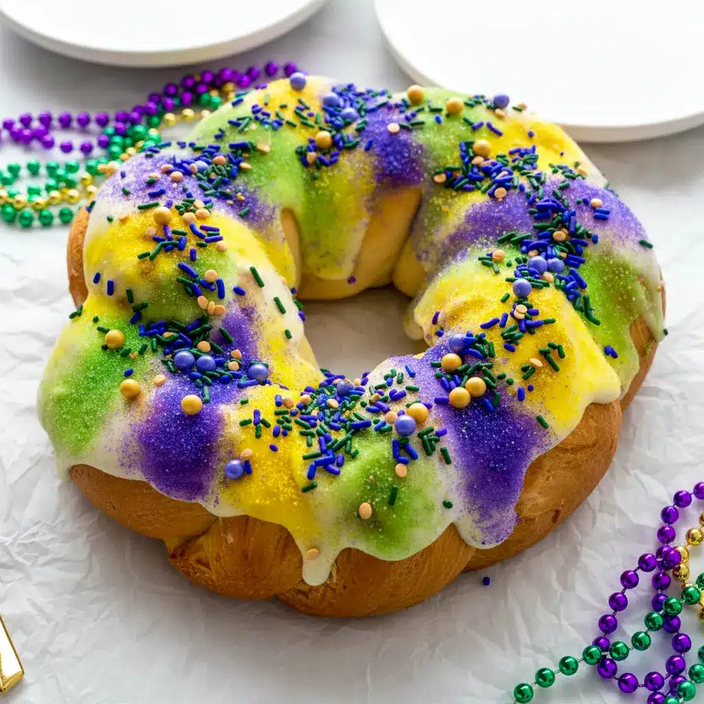 Golden braided King Cake Recipe drizzled with glaze and sprinkled in purple, green, and gold — a no-fuss Simple King Cake Recipe for Mardi Gras.