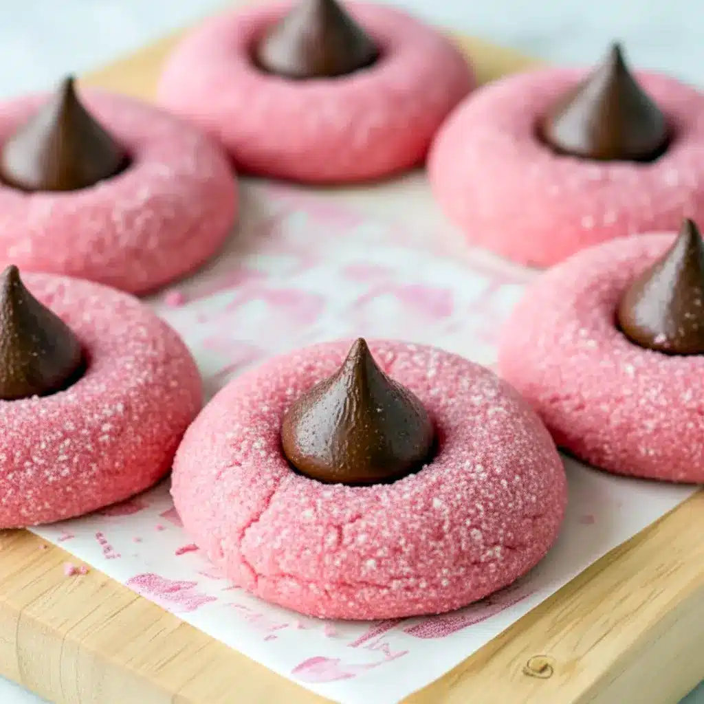 Valentine Day Treats For Kids: close-up of pink strawberry kiss cookies dusted with powdered sugar, each crowned with a chocolate kiss on a cooling rack.