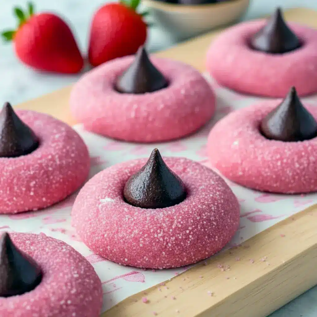 Valentine Day Treats For Kids: close-up of pink strawberry kiss cookies dusted with powdered sugar, each crowned with a chocolate kiss on a cooling rack.