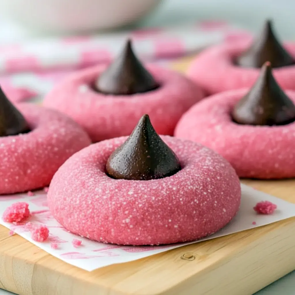 Valentine Day Treats For Kids: close-up of pink strawberry kiss cookies dusted with powdered sugar, each crowned with a chocolate kiss on a cooling rack.