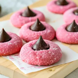 Valentine Day Treats For Kids: close-up of pink strawberry kiss cookies dusted with powdered sugar, each crowned with a chocolate kiss on a cooling rack.