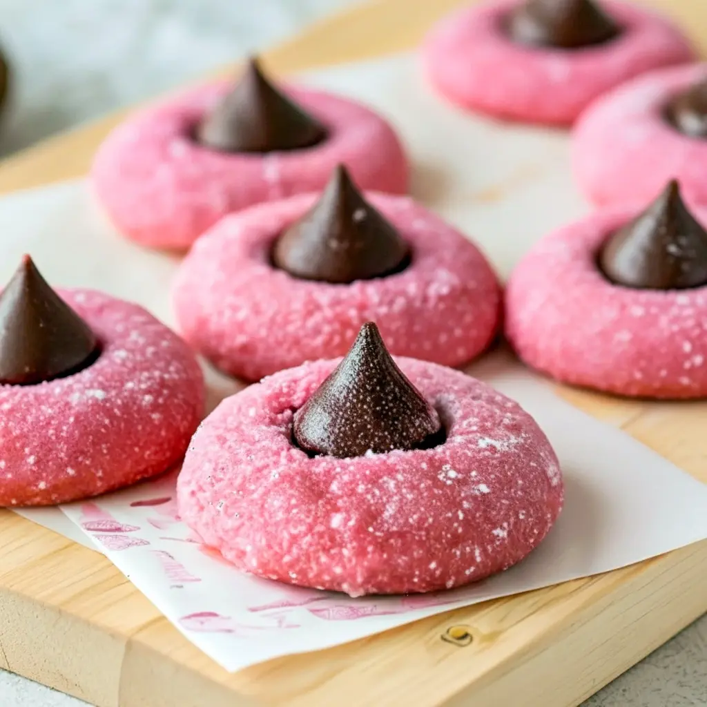 Valentine Day Treats For Kids: close-up of pink strawberry kiss cookies dusted with powdered sugar, each crowned with a chocolate kiss on a cooling rack.