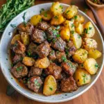 Delicious High-Protein Dinner Recipe close-up: glossy garlic-butter beef bites and golden halved potatoes on a plate, sprinkled with herbs and ready to serve.