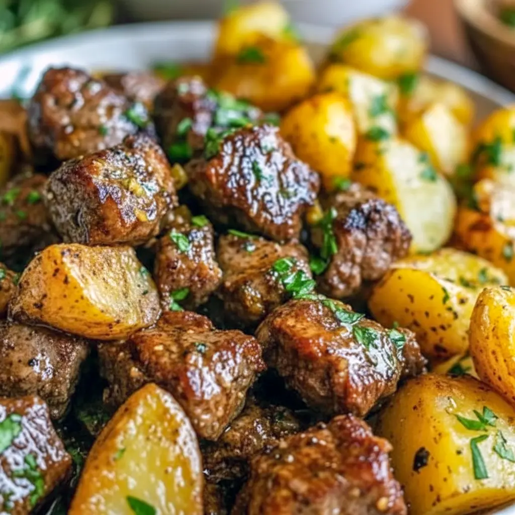 Delicious High-Protein Dinner Recipe close-up: glossy garlic-butter beef bites and golden halved potatoes on a plate, sprinkled with herbs and ready to serve.