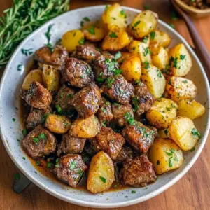 Delicious High-Protein Dinner Recipe close-up: glossy garlic-butter beef bites and golden halved potatoes on a plate, sprinkled with herbs and ready to serve.