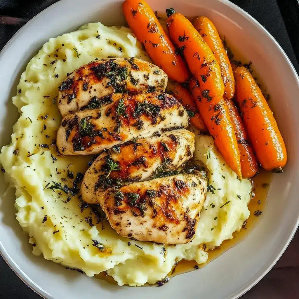 Light And Healthy Dinner: garlic-herb chicken breast atop creamy mashed potatoes with glossy honey-glazed carrots and a sprinkle of parsley.