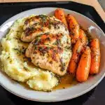 Light And Healthy Dinner: garlic-herb chicken breast atop creamy mashed potatoes with glossy honey-glazed carrots and a sprinkle of parsley.
