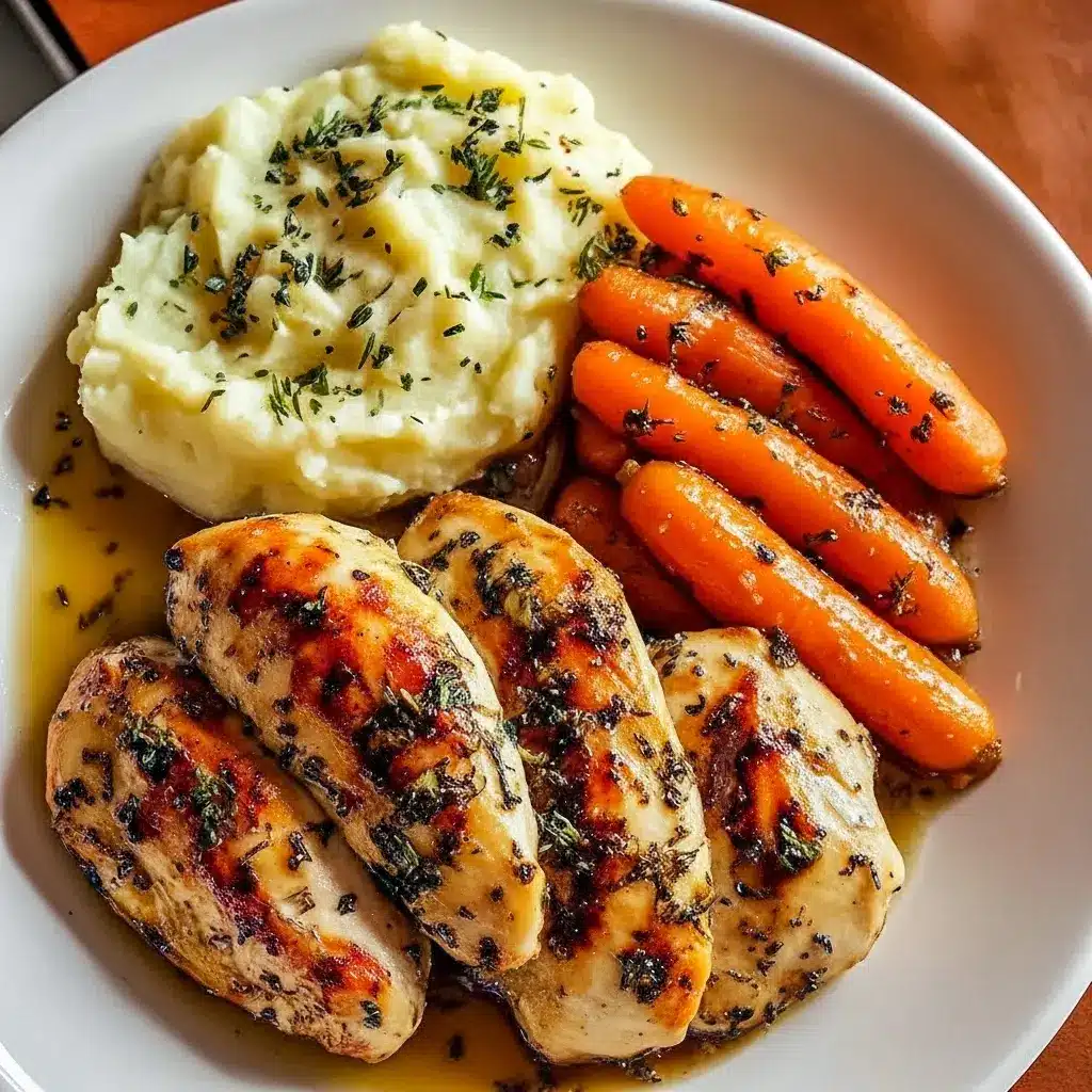 Light And Healthy Dinner: garlic-herb chicken breast atop creamy mashed potatoes with glossy honey-glazed carrots and a sprinkle of parsley.