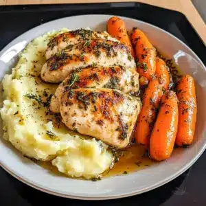 Light And Healthy Dinner: garlic-herb chicken breast atop creamy mashed potatoes with glossy honey-glazed carrots and a sprinkle of parsley.