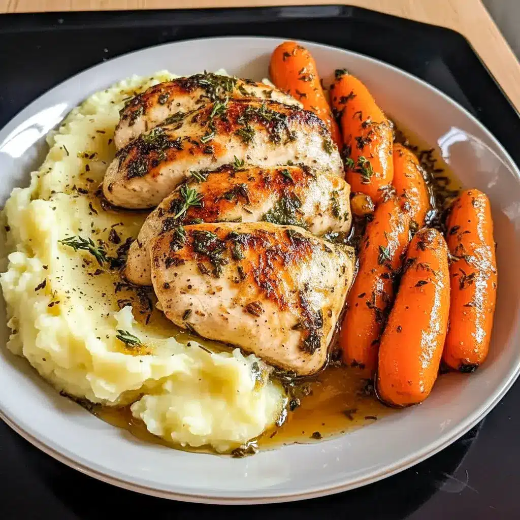 Light And Healthy Dinner: garlic-herb chicken breast atop creamy mashed potatoes with glossy honey-glazed carrots and a sprinkle of parsley.
