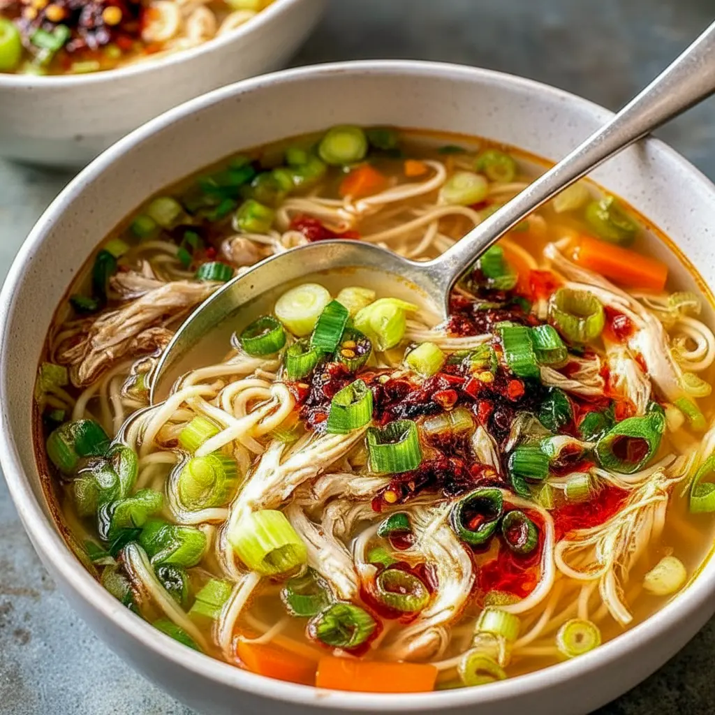 Ginger Scallion Chicken Noodle Soup — steaming bowl with shredded chicken, scallions, noodles, and carrot matchsticks, finished with a soy-vinegar drizzle and chili oil.