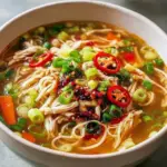 Ginger Scallion Chicken Noodle Soup — steaming bowl with shredded chicken, scallions, noodles, and carrot matchsticks, finished with a soy-vinegar drizzle and chili oil.