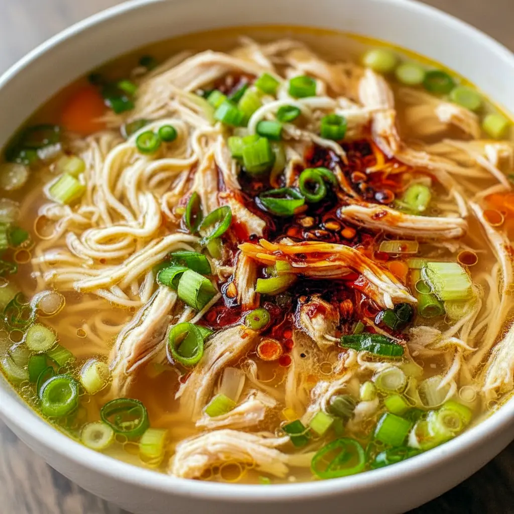 Ginger Scallion Chicken Noodle Soup — steaming bowl with shredded chicken, scallions, noodles, and carrot matchsticks, finished with a soy-vinegar drizzle and chili oil.