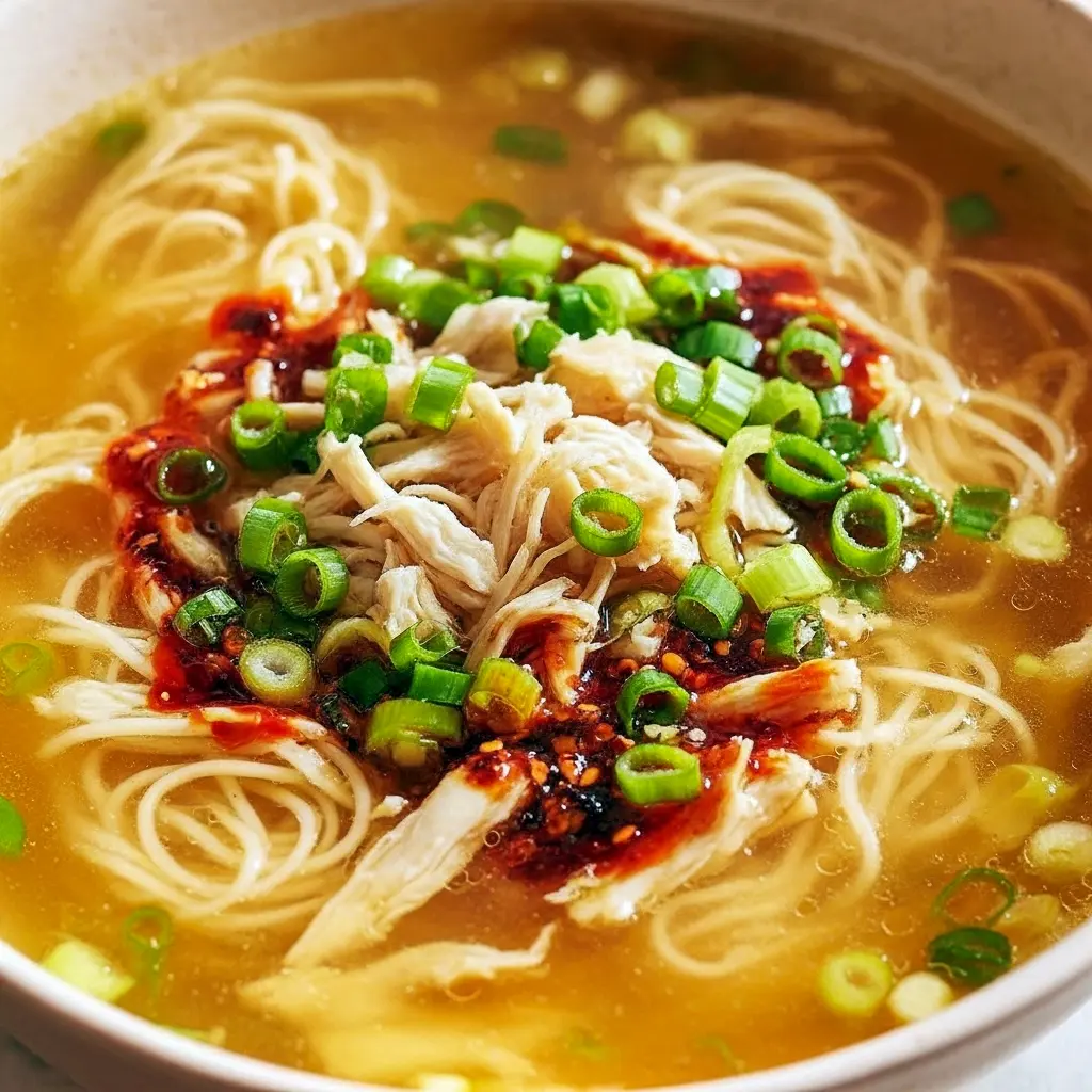 Ginger Scallion Chicken Noodle Soup — steaming bowl with shredded chicken, scallions, noodles, and carrot matchsticks, finished with a soy-vinegar drizzle and chili oil.